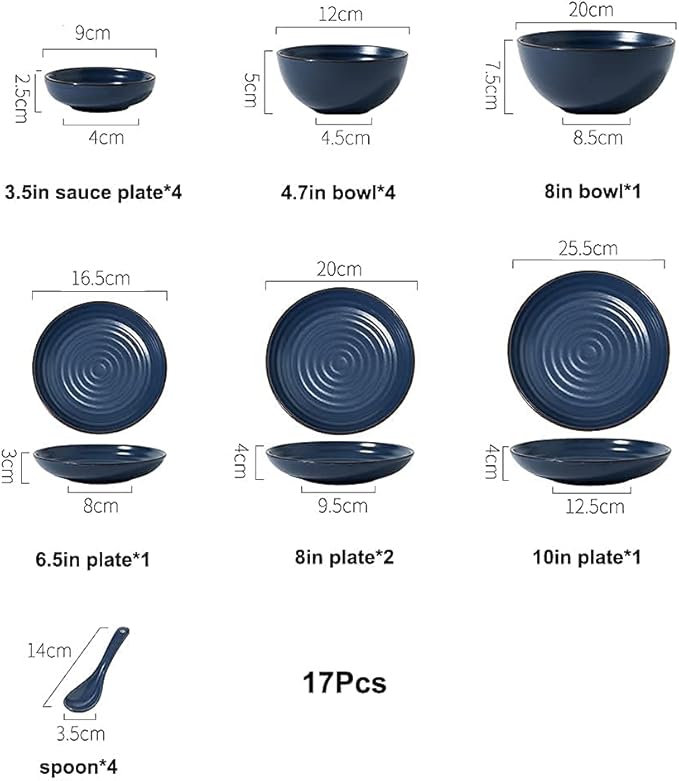 Kitchen Tableware SetCeramics Dinnerware Set Thread Pattern Chip Resistant Dinner Set/17 Pcs Porcelain Dish Set-Colorful Plates and Bowls Set for WeddingOran(