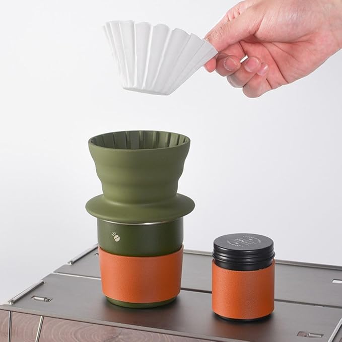 Portable Pour Over Coffee Maker Set with Carrying Case Collapsible Silicone Dripper 304 Stainless Steel Filter Cup V60 Compatible Black Outdoor Camping Travel Kit (Green with Cupcake Filter)