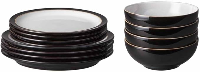 Denby Elements Black Dinnerware Set - 4/12 Piece Ceramic Tableware - Dishwasher &amp Microwave Safe - 4 Dinner Plates 4 Medium Plates 4 Cereal Bowls