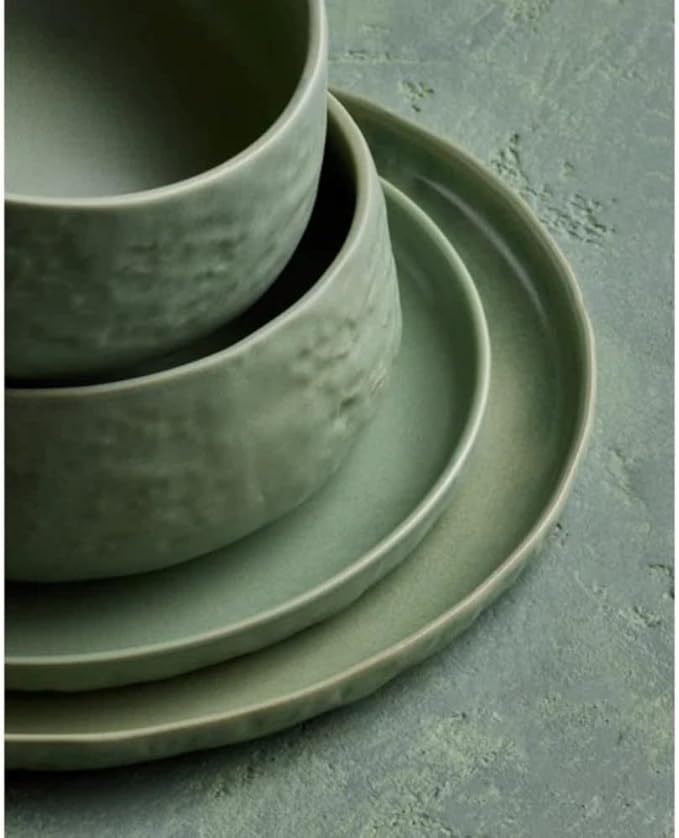 Artistic Design 16 Piece Round Elegant Stoneware Dinnerware Set For 4 | Expertly Crafted Organic Shape With Texture &amp Reactive Glaze Finish| Light Green Color Microwave Dishwasher Safe Luxurious L
