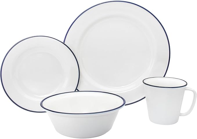Bistro Blue Rim Porcelain 16 Piece Dinnerware Set Service for 4 Solid Country Round 12 Dishwasher Safe