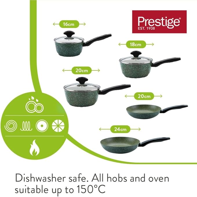 PRESTIGE Eco Non Stick Pots and Pans Set – 5 Piece Recycled Induction Hob Pan Set with Lids Soft Grip Stay Cool Handles Set of 3 Saucepans &amp Set of 2 Frying Pans Green