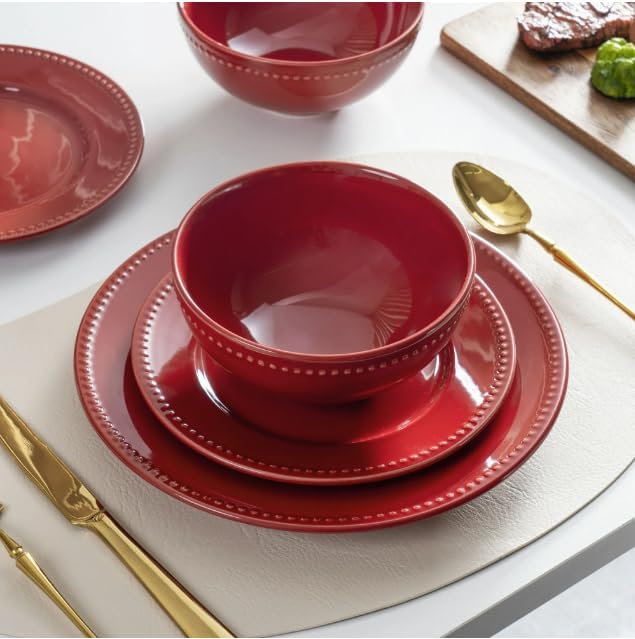 12-Piece Stoneware Dinnerware Set in Redincluding 4 Dinner Plates 4 Salad Plates 4 Bowlsperfect for family dinners casual gatherings or adding a pop of color to your table