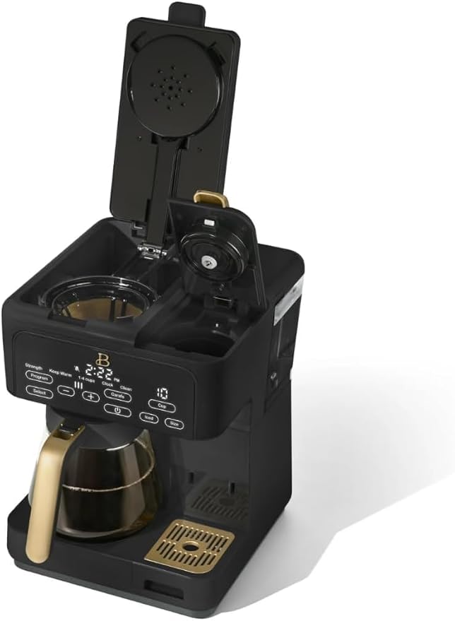 Beautiful Multi-Brew Commercial-Grade 12-Cup &amp Single-Serve Coffee Maker with Over Ice Option for Business and Personal Use by Drew Barrymore (Black Sesame)