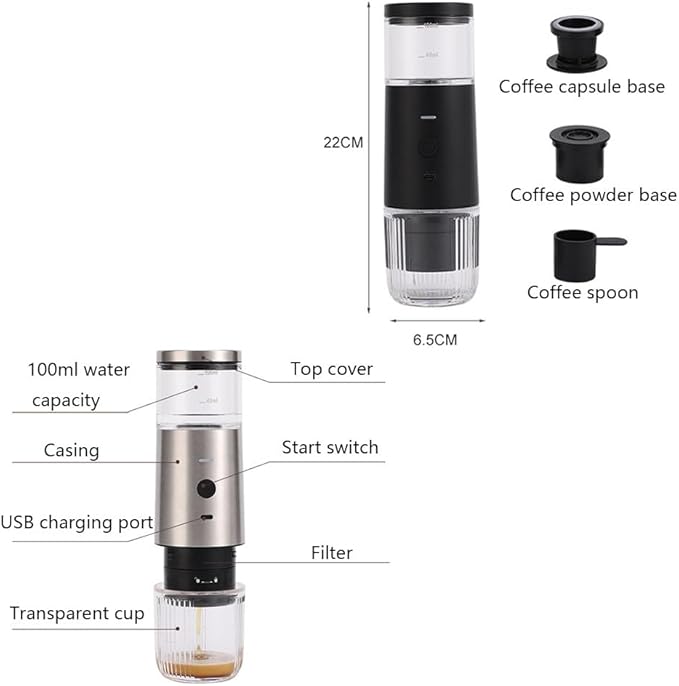 Portable Espresso Machine 2 in 1 Travel Coffee Machine Compatible with Cup Capsules and Ground Coffee Water Tank Capacity 100ml Portable USB Charging Suitable for Camping HikingSilver