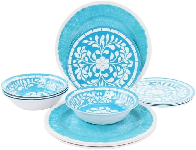 12 Piece Melamine Dinnerware Set for 4 – Lightweight Unbreakable Plates and Bowls in Teal and Blue – Outdoor Indoor Dinnerware for Camping Patio &amp Everyday Use (Teal)