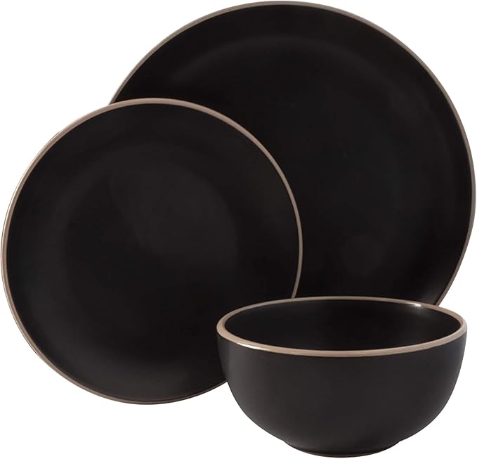 12-Piece Matte Stoneware Dinnerware Set – Modern Plates Bowls &amp Mugs for Everyday Dining (Black)