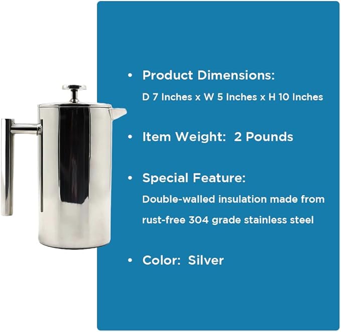 Double-Walled Stainless Steel French Press Coffee Maker - Rust-Free 304 Grade Steel - Granule-Free Coffee and Tea Brewer - Stylish and Durable Design 32oz