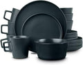 Stackable Design 16 Piece Elegant Stoneware Dinnerware Set for 4 Matte Glaze Finish | Unique Lipped Rim Design On Plates Microwave &amp Dishwasher Safe | Modern Luxury Appearance Dark Gray Color