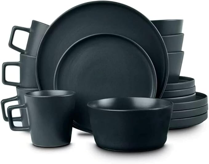 Stackable Design 16 Piece Elegant Stoneware Dinnerware Set for 4 Matte Glaze Finish | Unique Lipped Rim Design On Plates Microwave &amp Dishwasher Safe | Modern Luxury Appearance Dark Gray Color