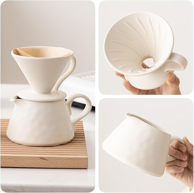 Pour Over Coffee MakerCeramic Coffee Maker With 40 pcs Paper Filter15oz/450ml Ceramic Pour Over Coffee Dripper（Off White）