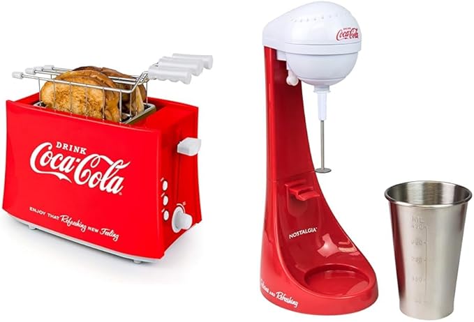 Nostalgia Coca-Cola Grilled Cheese Toaster with Easy-Clean Toaster Baskets and Adjustable Toasting Dial Red 2-Slot &amp Two-Speed Electric Coca-Cola Limited Edition Milkshake Maker and Drink Mixer