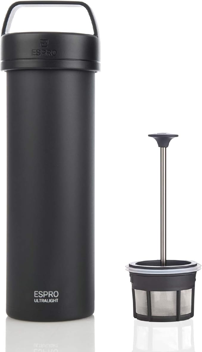 ESPRO P0 Ultralight French Press Coffee Maker for Travel Vacuum Insulated Stainless Steel 16 Ounces Matte Meteorite Black