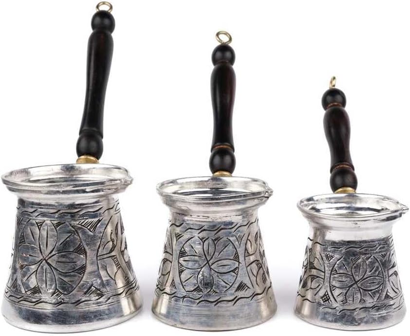 Copper Coffee Pot Set 3 Piece Floral Carved Tin Lined Traditional Turkish Coffee Maker Silver Color One Size - Silver One Size