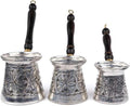 Copper Coffee Pot Set 3 Piece Floral Carved Tin Lined Traditional Turkish Coffee Maker Silver Color One Size - Silver One Size