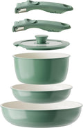 Ceramic Pots and Pans Set Non Stick Nonstick Kitchen Cookware Sets Non Toxic Pots and Pans Set Non Stick PFAS PFOA &amp PTFE Free Detachable Handle Pots and Pans 6 Piece RV Cookware (Green)