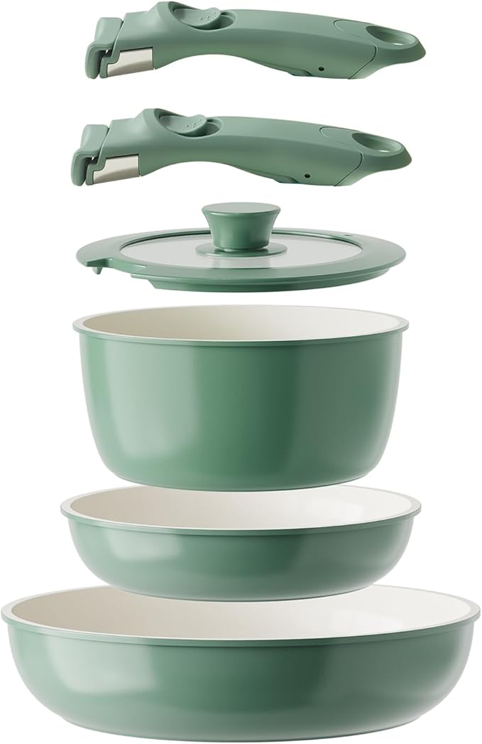 Ceramic Pots and Pans Set Non Stick Nonstick Kitchen Cookware Sets Non Toxic Pots and Pans Set Non Stick PFAS PFOA &amp PTFE Free Detachable Handle Pots and Pans 6 Piece RV Cookware (Green)