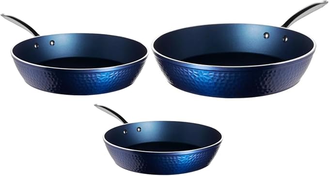 Luxurious Non-Stick Ceramic 3 Piece Blue Hammered Cookware Set Lightweight Scratch-Resistant Dishwasher Safe Oven Safe up to 500°F Suitable for All Stove Types