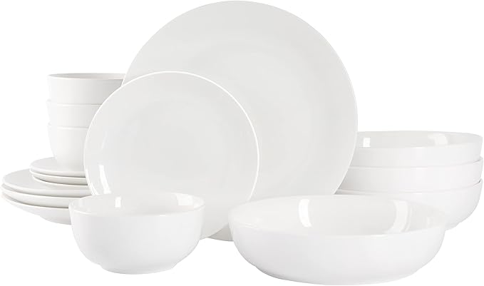 Gibson Home Gracious Dining Double Bowl Porcelain Chip and Scratch Resistant Dinnerware Set Service for 4 (16pcs) White (Coupe)