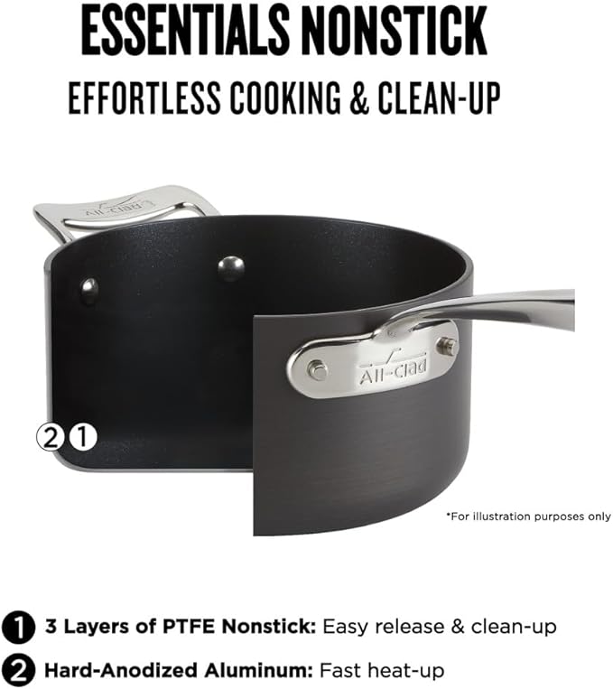 All-Clad Essentials Hard Anodized Nonstick Sauce Pan Set 4 Piece 2.5 4 Quart Oven Broiler Safe 500F Pots and Pans Cookware Black
