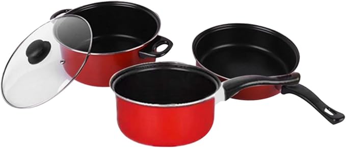 3pcs Non-stick Frying Pan Soup Pot Milk Pan Set Red Multifunctional Kitchen Utensil Cooking Tool for Home Daily Use and Space-saving