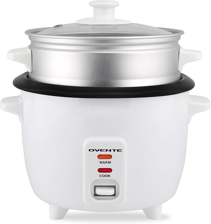 OVENTE Electric Rice Cooker and Food Steamer – 10-Cup Cooked Capacity (5 Cups Uncooked) Nonstick Removable Pot Keep Warm Function Steaming Basket Measuring Cup &amp Spatula Included White RCS01W