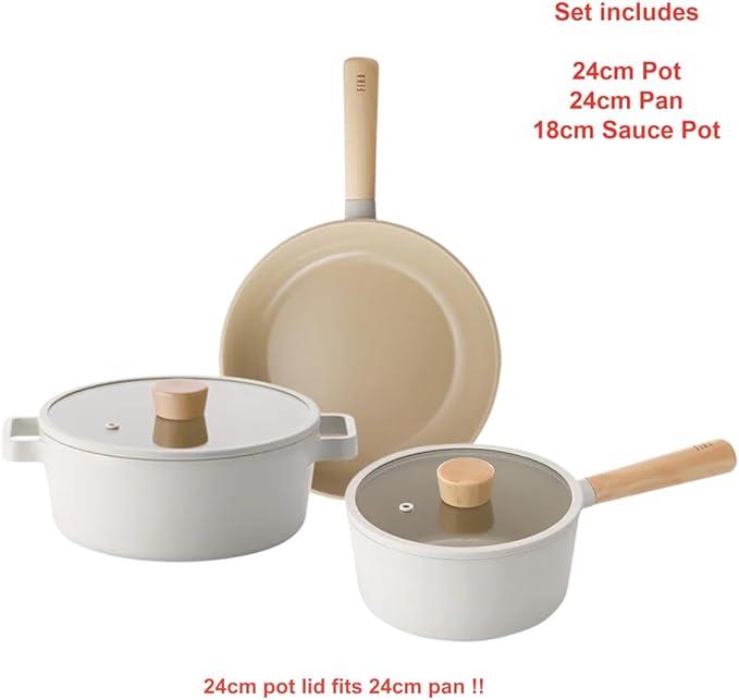 FIKA 5-Piece Nonstick Cookware Pot and Pan Set with Lid Healthy Cooking Ceramic Coated Skillet with Natural Wood Handle Induction Gas Stove Compatible Kitchenware Everyday Cooking Made in Korea