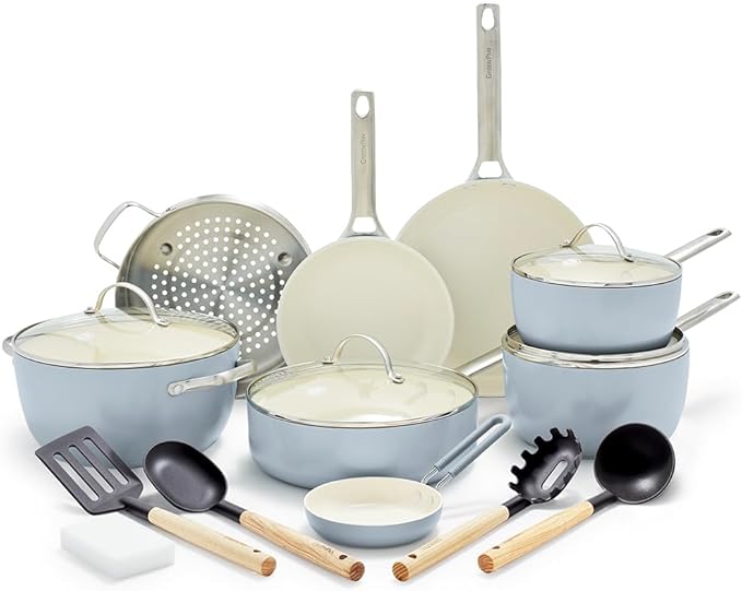 GreenPan Padova Hard Anodized Healthy Ceramic Nonstick 17 Piece Cookware Set PFAS-Free Induction Dishwasher Safe Oven Safe Light Blue