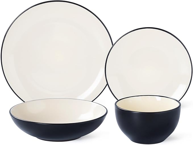 Plates and Bowls Sets for 4 - CJDC-QUELO 16-Piece Stoneware Dinnerware Sets Ceramic Dishware Set for Indoor Kitchen Use and Formal Dining Chip and Scratch Resistant Microwave Dishwasher Safe Ivory