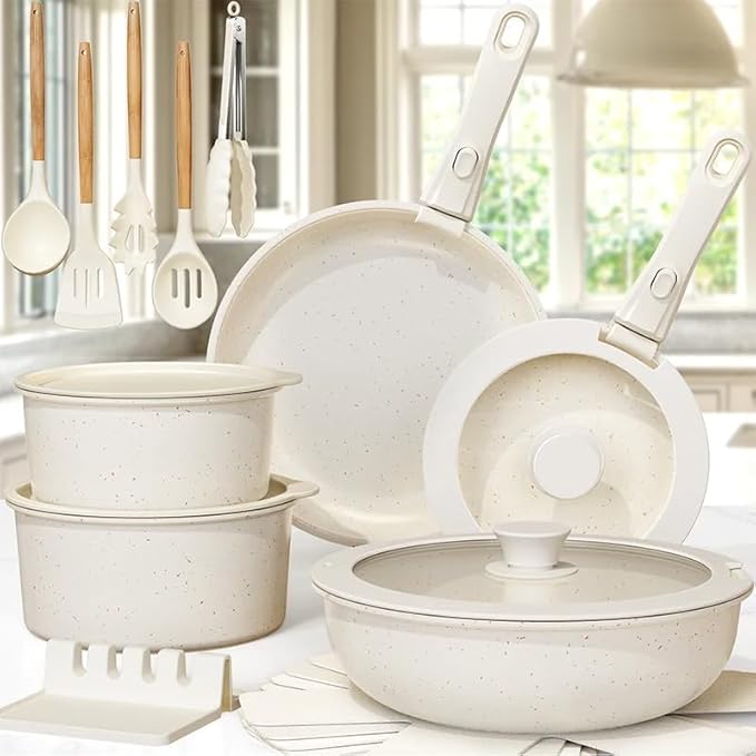 21 Piece Pots and Pans Set Non-Stick Ceramic Cookware Set with Sensor Handles Milky white