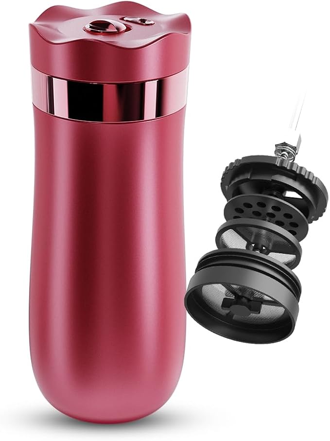 BENFUCHEN Travel Coffee Press Vacuum Insulated Portable French Press Stainless Steel Portable Coffee Maker/Tea Press 12oz Rose Red