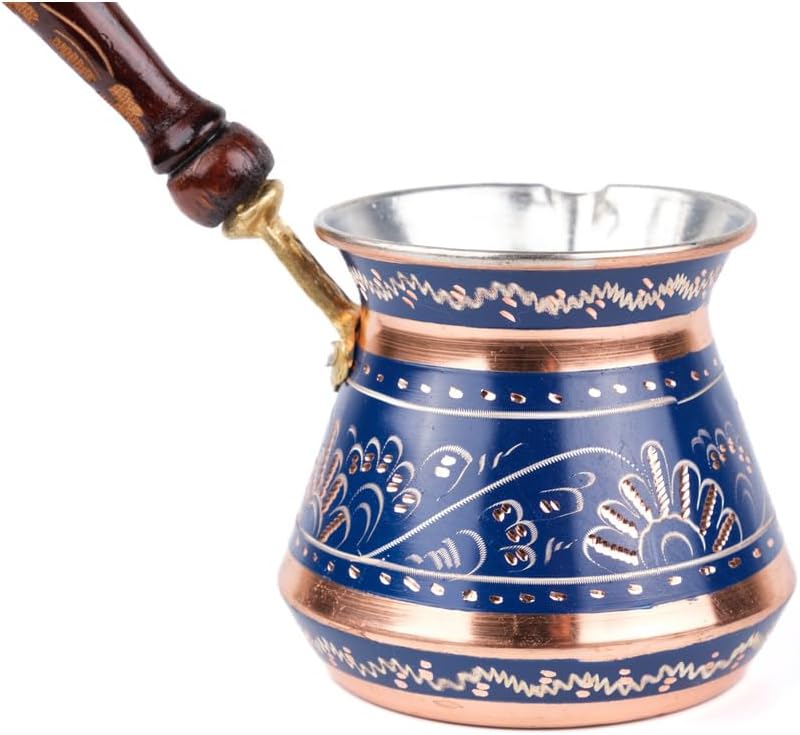 Hand Hammered Copper Turkish Coffee Pot Erzincan Style (6-Person) Traditional Coffee Maker Blue Color Single Piece for Authentic Turkish Coffee - Blue One Size