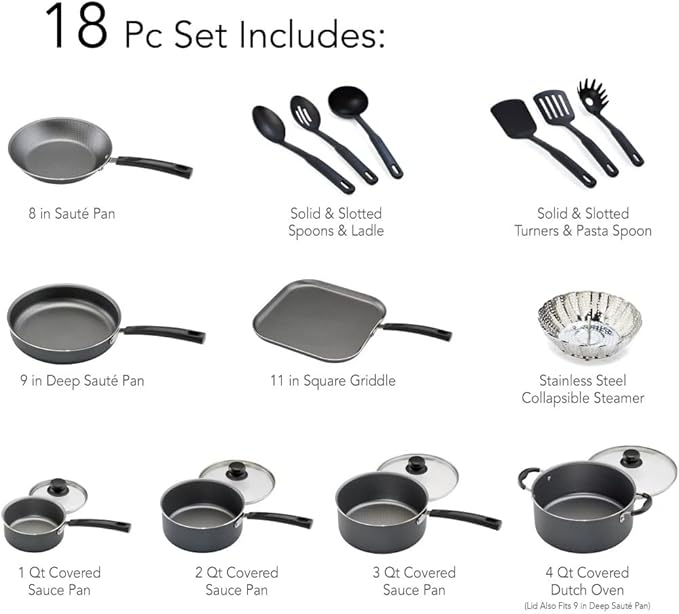 18 Piece Non-stick Cookware Set Steel Gray