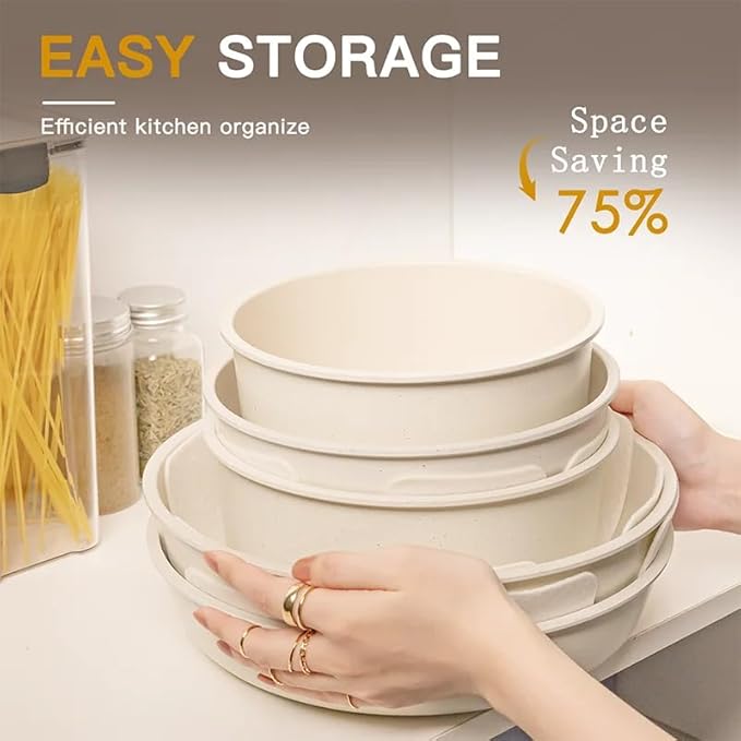 21-Piece Non-Stick Pots and Pans Set Ceramic Coating Cookware with Removable Handle &amp Glass Lids Compatible with All Stovetops Including Induction Oven &amp Fridge Safe Milky White