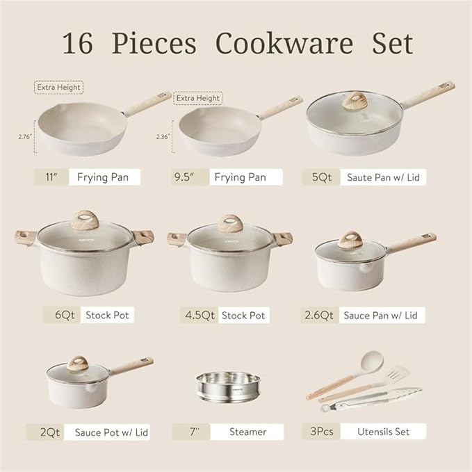 16Pcs Pots and Pans Set Non Stick Kitchen Cookware Sets Large Capacity Granite Pots Set Kitchen Induction PotsA16 Pc