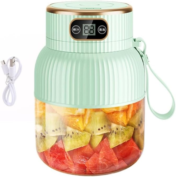 Portable BlenderJuicer Cup with Digital Display600ML Capacity Juices Making CupUSB RechargeablePersonal Size Blender for Shakes and Smoothiesfor Travel&ampGym (Blue-green(single cup with two lid
