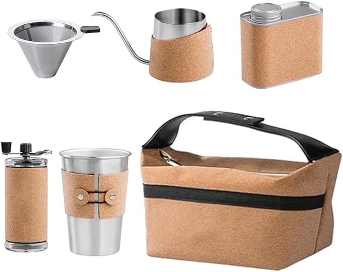 Pour Over Coffee Maker Set for Outdoor Camping Travel ALL in 1 Portable Stainless Steel Coffee Kits with Manual Coffee Grinder Gooseneck Kettle Cup Bean Pot