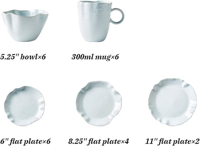 Dinner SetCeramics Dinner Sets 24 Pieces Porcelain Dinnerware Combination SetIrregular Ruffle Cereals Bowls and Steak Plates Sets