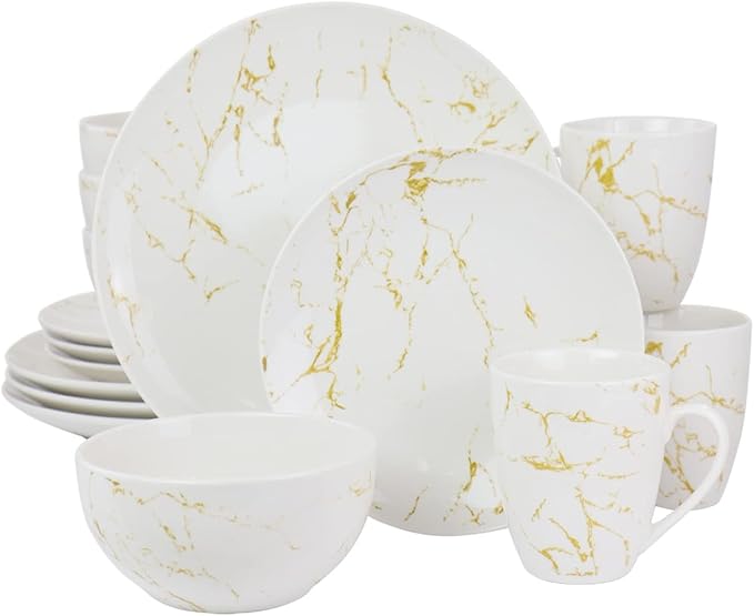 Fine Marble Stoneware Dinnerware Set Gold &amp White - 16 Piece