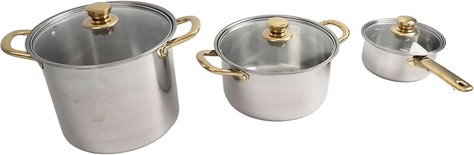 Stainless Steel Pots Pans Set Ergonomic Golden Handle Multifunctional Cookware Set Cooking Pots Glass Lids Kitchen