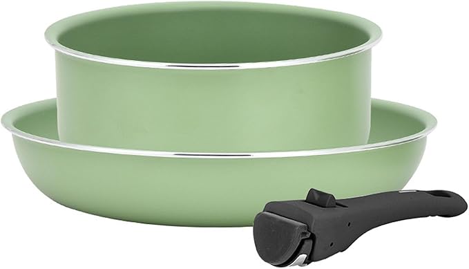 Pots and Pans Set with Detachable Handle 3-Piece Kitchen Cookware Set Non Stick Frying Pans for All Stoves Stackable Cookware Set for Camping Dishwasher Safe Green