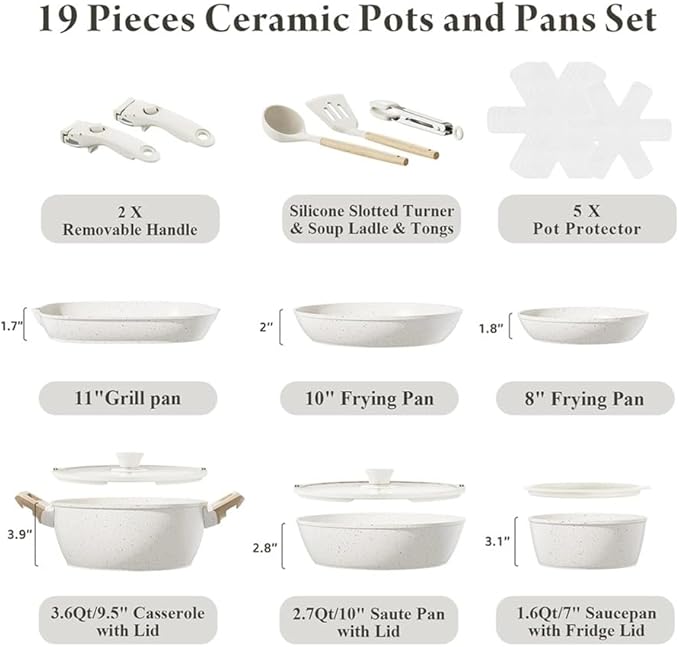 19 Pcs Pots and Pans Set Non Stick Ceramic Cookware Set with Removable Handles Induction Kitchen Cookware SetsCream White19 Pc