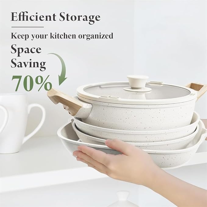 19 Pcs Pots and Pans Set Non Stick Ceramic Cookware Set with Removable Handles Induction Kitchen Cookware SetsCream White19 Pc