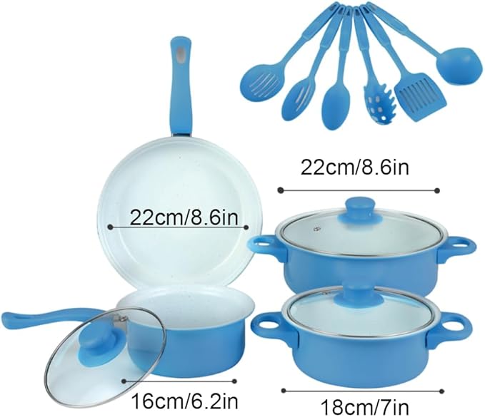 13 Piece Set Cookware Set Non-Stick Portable Lightweight Iron Pots and Pans with Glass Lids and Nylon Utensils for Outdoor Camping Picnic Travel Cookware