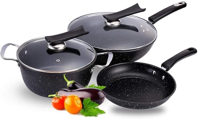 3-Piece Cookware Set with Glass Lid Non-Stick Induction Pots Wok Frying Pan Non-Scalding Handle Easy to Clean Suitable for All Heat Sources
