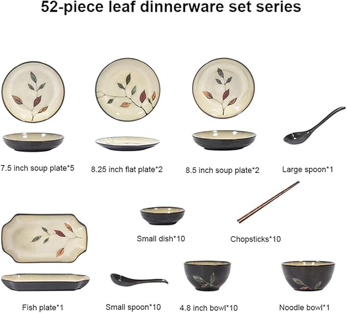 Stoneware Leaves Dinnerware Set 52 PieceCeramic Bowls and Plates SetMicrowave and Dishwasher Safe.