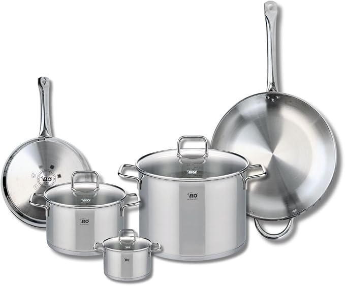 ELO 9506650 Cookware Set 5 Pieces 2 Frying Pans 24 and 32 cm and 3 Saucepans 12 20 and 26 cm Elo Profi Citrine Stainless Steel Induction