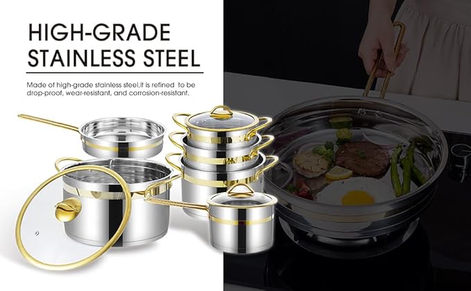 11-Piece Stainless Steel Pots and Pans SetPremium Stainless Steel Cookware - Induction Safe Non-Toxic Kitchen Cookware Set with Gold Stay Cool Handles Compatible with All Cooktops