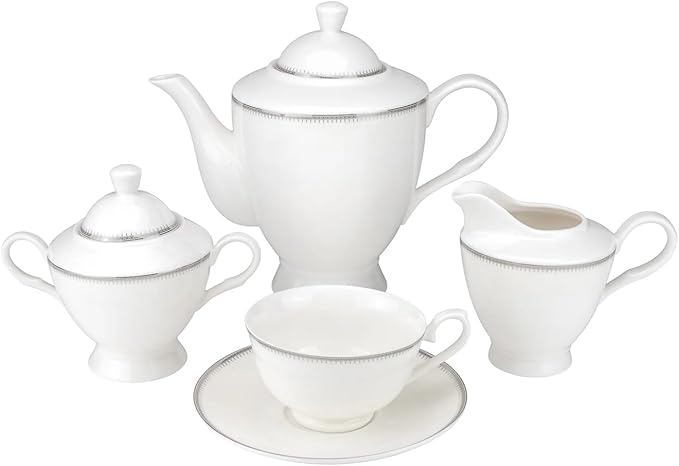 Sherry Collection GP5669P-57 57-Piece Bone China Dinnerware Set Super White Luxury Fine China Service for 8 Elegant Gift Boxed Dinner Set with Plates Cups Saucers Teapot Dishwasher Safe