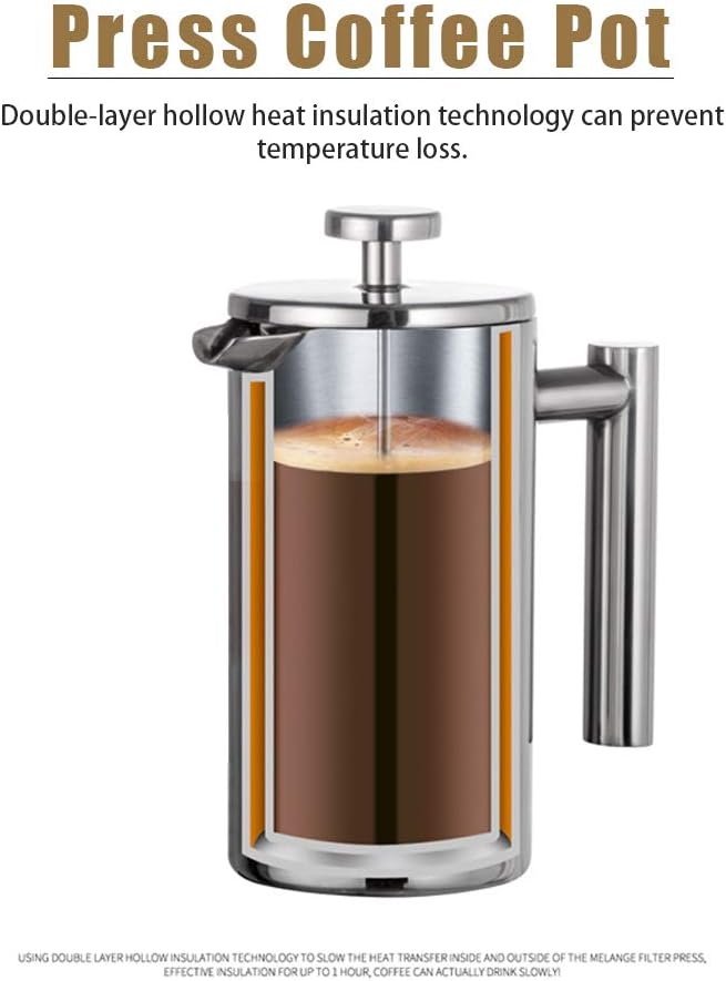 Topyond Stainless Steel French Press Coffee Maker 350ml Thermal Insulated Double Deck Plastic NO for Camping Home and Travel